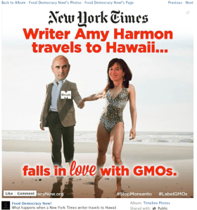 Screenshot of Food Democracy Now! meme of Harmon and Hugh Grant of Monsanto