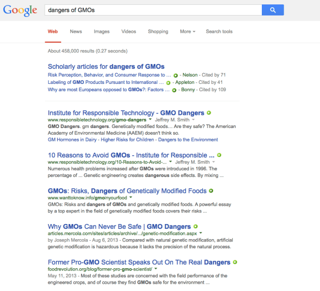 Screenshot of a search on the dangers of GMOs.  A lot of scary stuff comes up with those keywords.